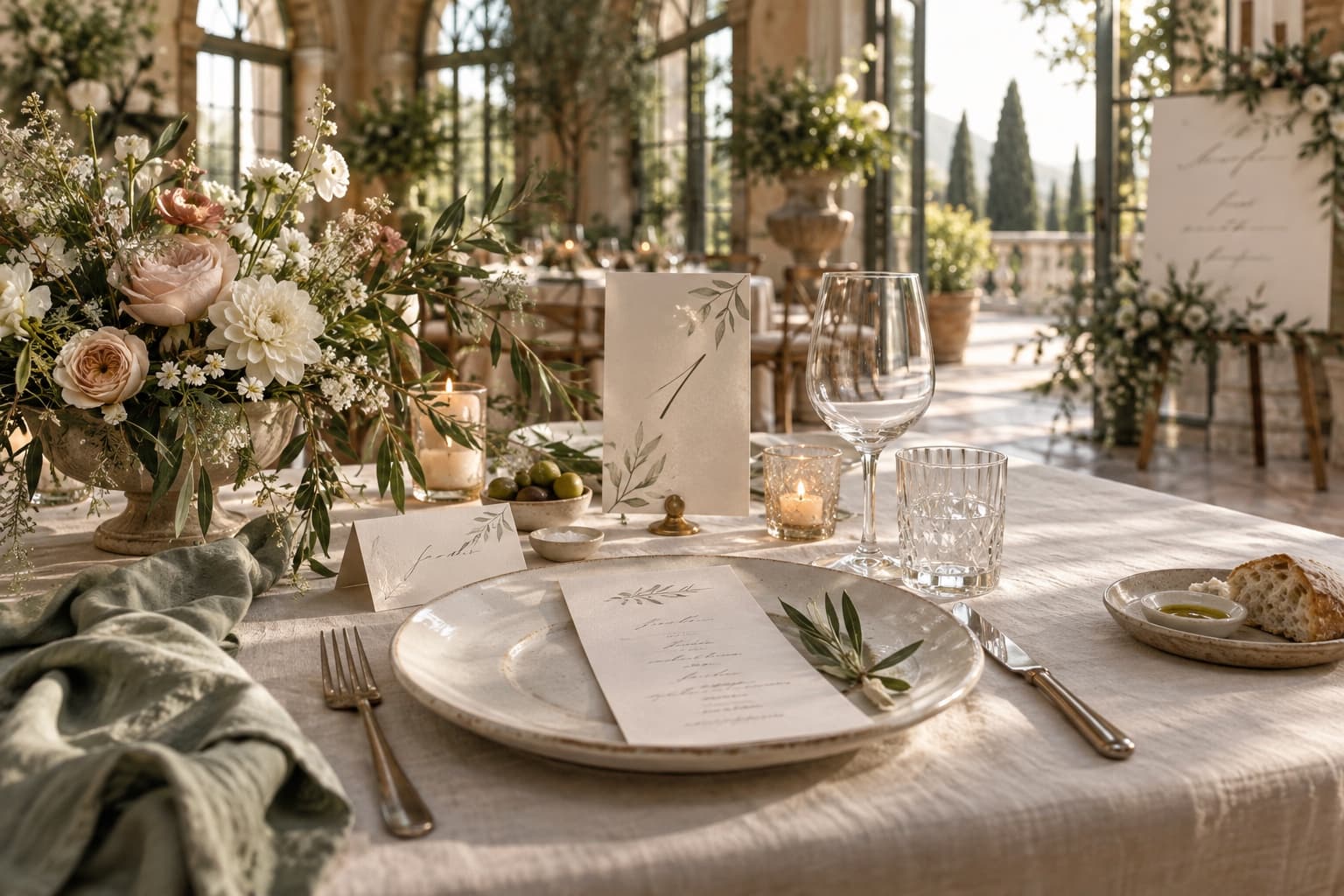 Gedeckter Hochzeitstisch mit Tischnummer- und Menükarte im selben Design, Blumendekoration, Kerzen und Platzkarte.