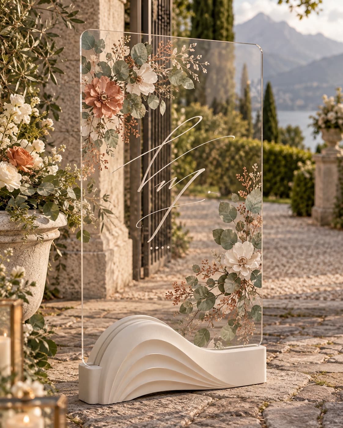Transparentes Acryl-Willkommensschild mit Monogramm und Blumenmotiv auf einem geschwungenen, hellen Standfuß, im Freien vor einer Seenlandschaft.
