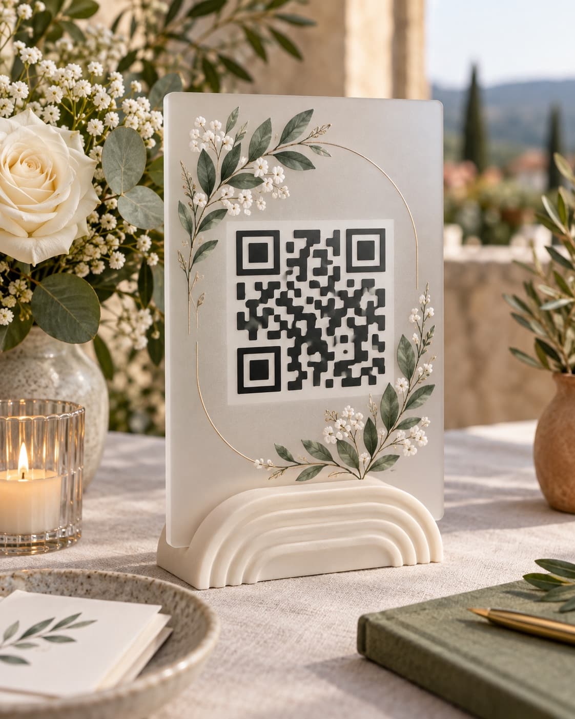Milchglas-Acryl-Aufsteller mit QR-Code-Motiv, goldenem Ringrahmen und Blütenzweigen auf hellem 3D-gefertigtem Standfuß, auf einem Hochzeitstisch im Freien.